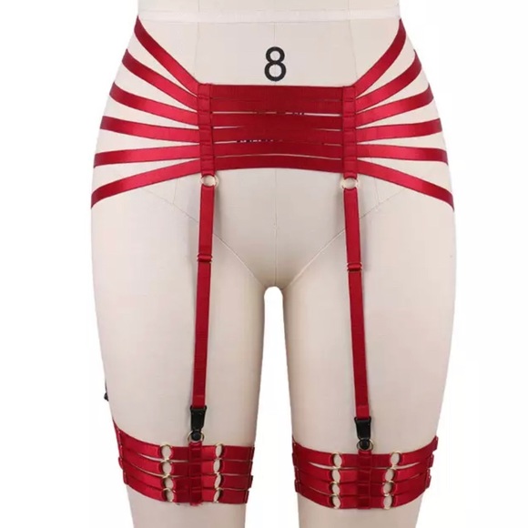 Red Garters Belt Body Harness BDSM Bondage Stockin - Picture 2 of 4